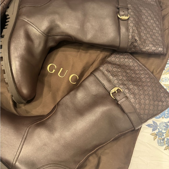 Gucci Brown Leather Monogram Boots 39 1/2 - Picture 2 of 6